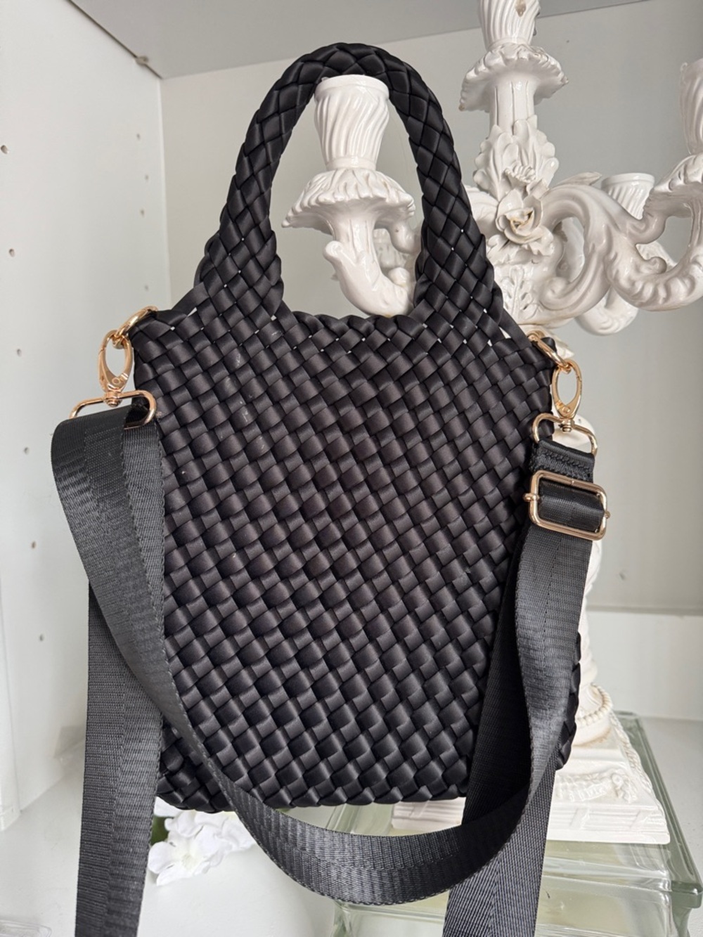 Black Woven Tote Bag with Shoulder Strap - ah-dorned 10”x10”New - Picture 3 of 4
